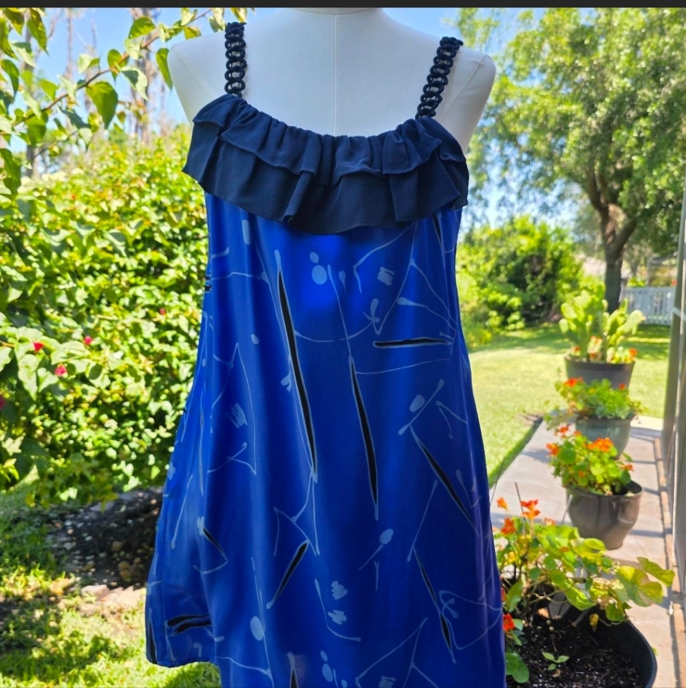 Yumi Kim 100% Silk Blue Abstract Mini Dress Ruffle Neck Braided Straps M